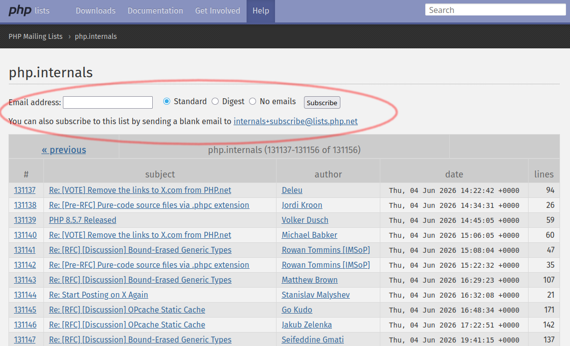 A screenshot of the mailing list signup form